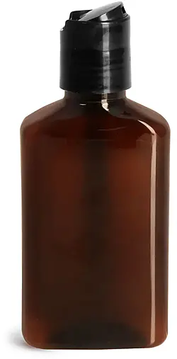 100 ml Plastic Bottles, 100 ml Amber PET Oblong Bottles w/ Black Disc Top Caps
