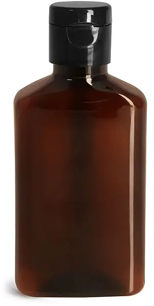 100 ml Plastic Bottles, 100 ml Amber PET Oblong Bottles w/ Black Snap Top Caps