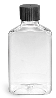 150 ml Clear Oblong Bottles w/ Black Ribbed Screw Caps