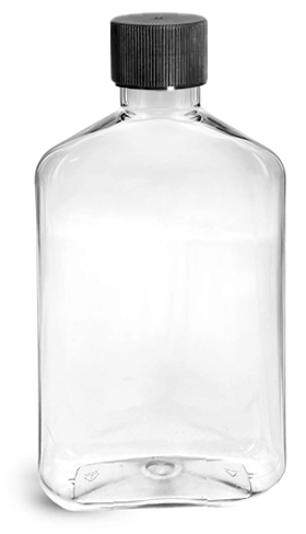 250 ml  Clear Oblong Bottles w/ Black Ribbed Screw Caps
