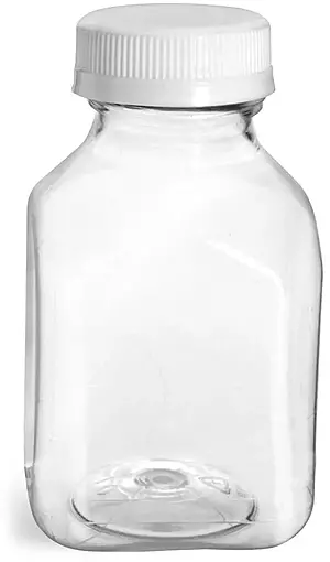 8 oz Plastic Bottles, Clear PET Square Beverage Bottles w/ White Tamper Evident Caps