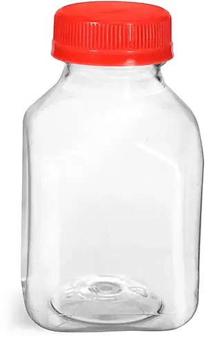 8 oz Plastic Bottles, Clear PET Square Beverage Bottles w/ Red Tamper Evident Caps