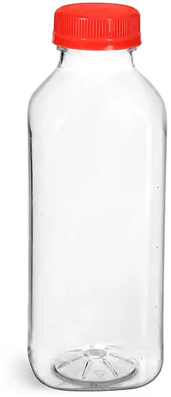 16 oz Plastic Bottles, Clear PET Square Beverage Bottles w/ Red Tamper Evident Caps