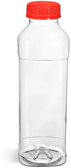 16 oz Plastic Bottles, Clear PET Square Beverage Bottles w/ Red Polypropylene Tamper Evident Caps