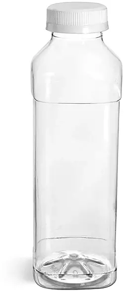 16 oz Plastic Bottles, Clear PET Square Beverage Bottles w/ White Polypropylene Tamper Evident Caps