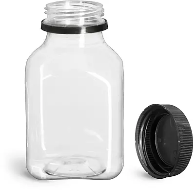 8 oz Clear PET Square Beverage Bottles w/ Black Polypropylene Tamper Evident Caps