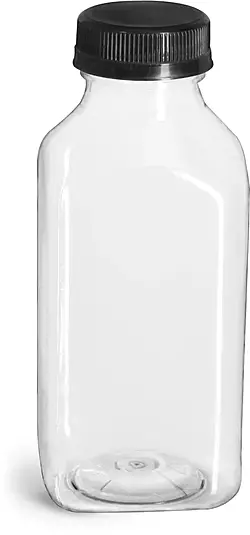 12 oz Clear PET Square Beverage Bottles w/ Black Polypropylene Tamper Evident Caps