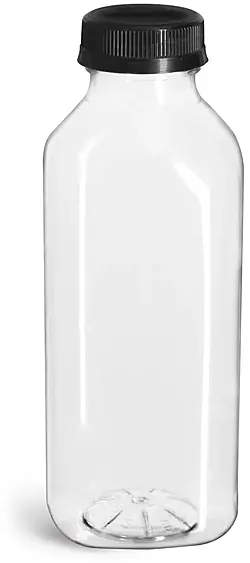 16 oz Clear PET Square Beverage Bottles w/ Black Polypropylene Tamper Evident Caps