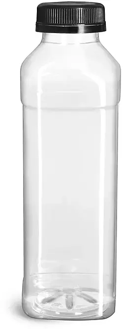 16 oz Clear PET Tall Square Beverage Bottles w/ Black Polypropylene Tamper Evident Caps