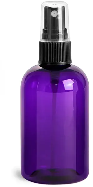 4 oz Purple PET Round Bottles w/ Black Fine Mist Sprayers