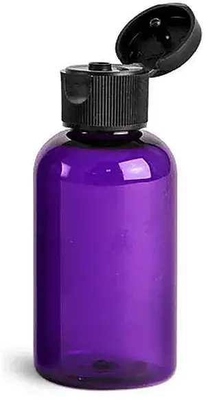 2 oz Purple PET Round Bottles w/ Black Ribbed Snap Top Caps