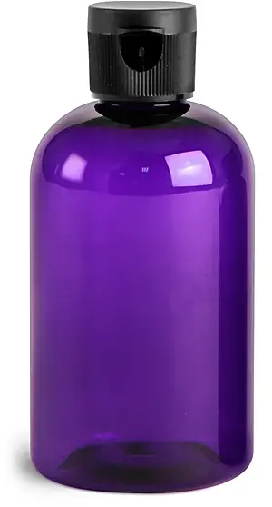 4 oz Purple PET Round Bottles w/ Black Ribbed Snap Top Caps