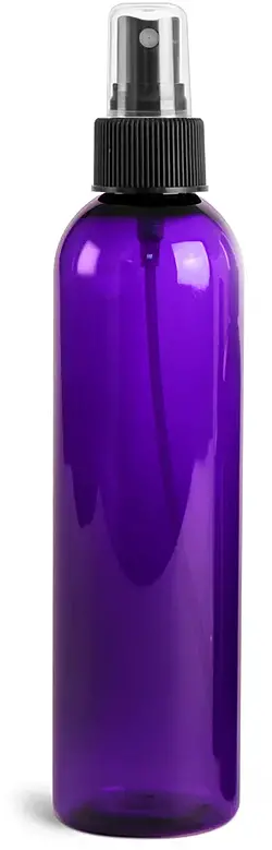 8 oz Purple PET Cosmo Round Bottles w/ Black Fine Mist Sprayers