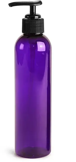 8 oz Purple PET Cosmo Round Bottles w/ Black Lotion Pumps