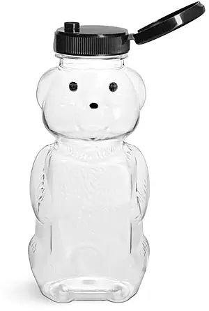 8 oz Clear PET Honey Bear Bottles w/ Black Snap-Top Caps