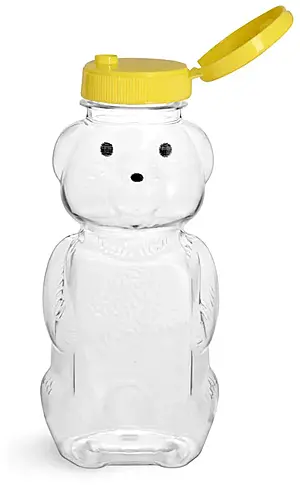 8 oz Clear PET Honey Bear Bottles w/ Yellow Snap-Top Caps
