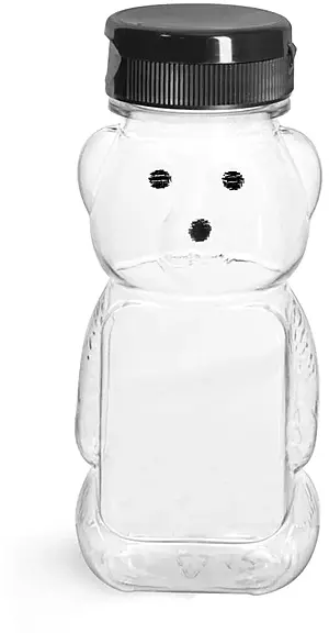 6 oz Clear PET Honey Bear Bottles w/ Black Snap-Top Caps