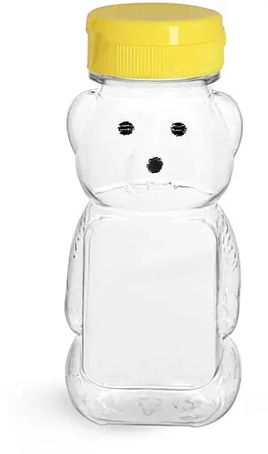 6 oz Clear PET Honey Bear Bottles w/ Yellow Snap-Top Cap