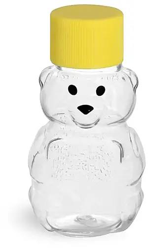 1.5 oz Clear PET Honey Bear Bottles w/ Ribbed Yellow Lined Caps