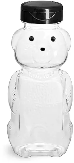 8 oz Plastic Bottles, Clear PET Honey Bear w/ Black Polypropylene Induction Lined Snap Top Cap