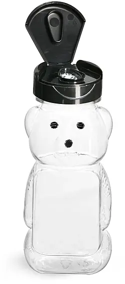 6 oz Plastic Bottles, Clear PET Honey Bear w/ Black Polypropylene Induction Lined Snap Top Cap