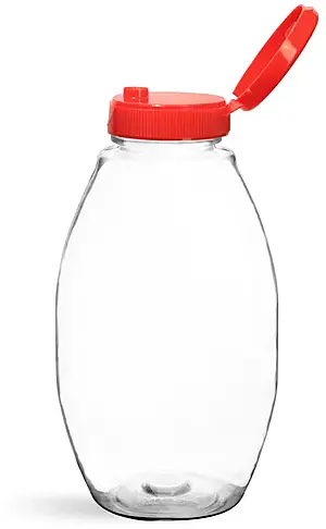 12 oz Plastic Bottles, Clear PET Inverted Ovals w/ Lined Red Snap Top Caps