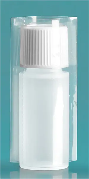 2 dram w/ White Cap Natural LDPE Cylinder Bottles w/ White Plastic Ribbed Caps and PVC Shrink Bands