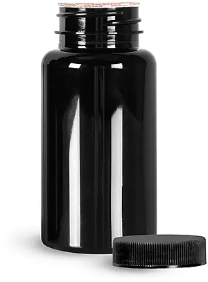 150 cc Plastic Bottles, Black PET Wide Mouth Packer Bottles w/ Black Ribbed Induction Lined Caps