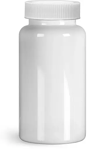 150 cc Plastic Bottles, White PET Wide Mouth Packer Bottles w/ White Ribbed PE Lined Caps