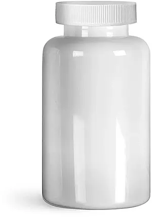 200 cc Plastic Bottles, White PET Wide Mouth Packer Bottles w/ White Ribbed PE Lined Caps
