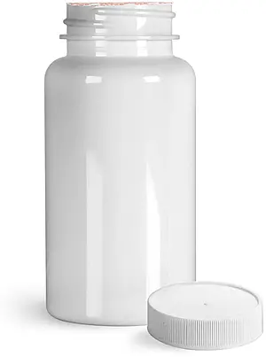 150 cc Plastic Bottles, White PET Wide Mouth Packer Bottles w/ White Ribbed Induction Lined Caps