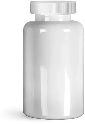 200 cc Plastic Bottles, White PET Wide Mouth Packer Bottles w/ White Ribbed Induction Lined Caps