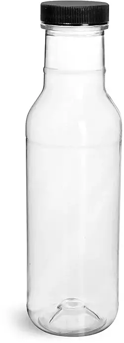 12 oz Plastic Bottles, Clear PET Ring Neck Sauce Bottles w/ Black Ribbed Lined Caps