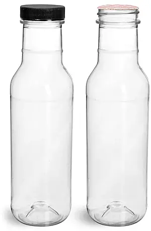 12 oz Clear PET Barbecue Sauce Bottles w/ Black Ribbed Induction Lined Caps
