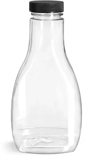 16 oz  Plastic Bottles, Clear PET Oblong Sauce Bottles with Black Ribbed Lined Caps