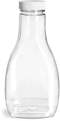 16 oz Plastic Bottles, Clear PET Oblong Sauce Bottle With White Ribbed Lined Caps