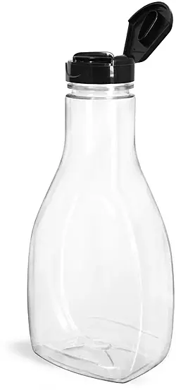 16 oz Plastic Bottles, Clear PET Oblong Sauce Bottles with Smooth Black Induction Lined Snap-Top Caps