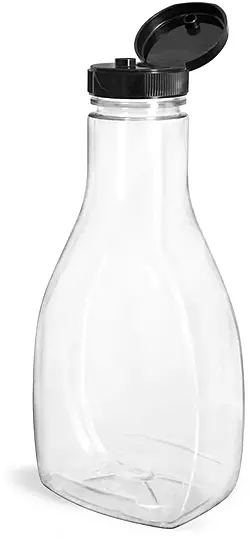 16 oz Plastic Bottles, Clear PET Oblong Sauce Bottles w/ Black PS22 Lined Snap-Top Caps