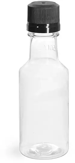 50 ml PET Plastic Bottles, Clear Nip Bottles w/ Black Tamper Evident Caps