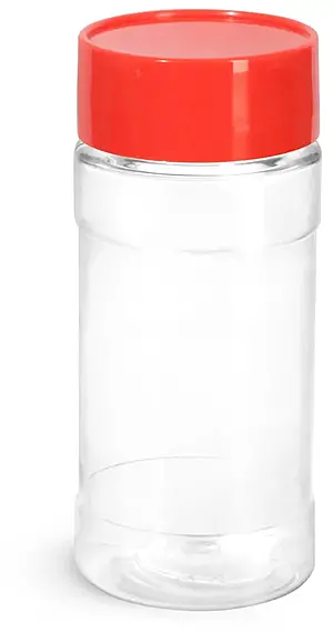 4 oz Clear PET Spice Bottles w/ Red Unlined Caps and Sifter Fitments