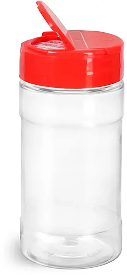 8 oz Clear PET Spice Bottles w/ Red Pressure Sensitive Lined Caps