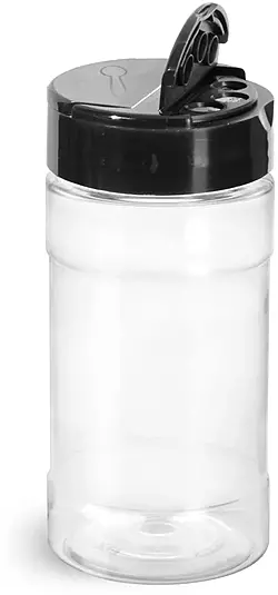 8 oz Clear PET Spice Bottles w/ Black Pressure Sensitive Lined Caps