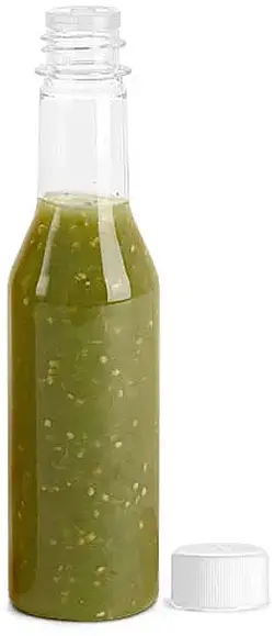 5 oz Clear PET Sauce Bottles w/ White Ribbed Lined Caps & Orifice Reducers