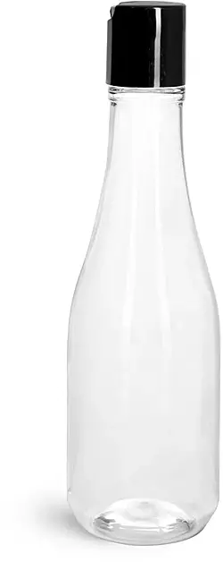 8 oz Clear PET Woozy Bottles w/ Black Disc Top Caps
