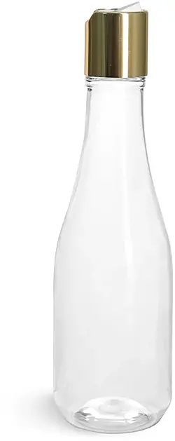 8 oz Clear PET Woozy Bottles w/ Gold Smooth Disc Top Caps