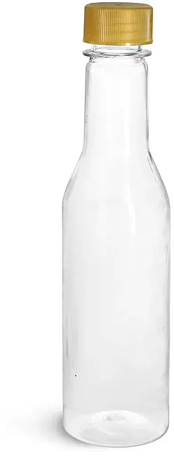 5 oz Clear PET Sauce Bottles w/ Gold Ribbed Lined Caps & Orifice Reducers