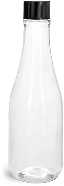 8 oz Clear PET Woozy Bottles w/ Black Ribbed Lined Caps & Orifice Reducers