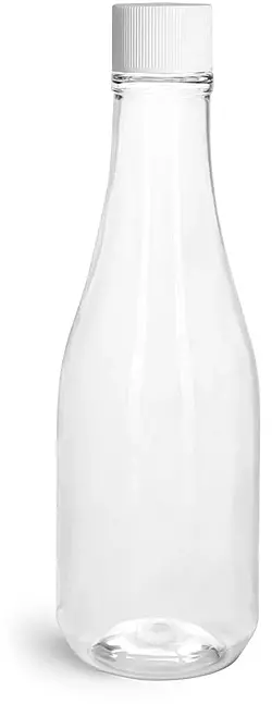 8 oz Clear PET Woozy Bottles w/ White Ribbed Lined Caps & Orifice Reducers