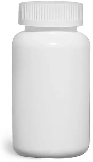 250 cc Plastic Bottles, White HDPE Wide Mouth Pharmaceutical Round Bottles w/ White Child Resistant Caps
