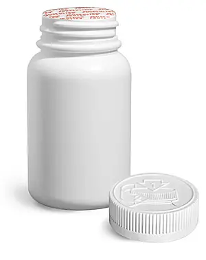 120 cc Plastic Bottles, White HDPE Wide Mouth Pharmaceutical Round Bottles w/ White Induction Lined Child Resistant Caps
